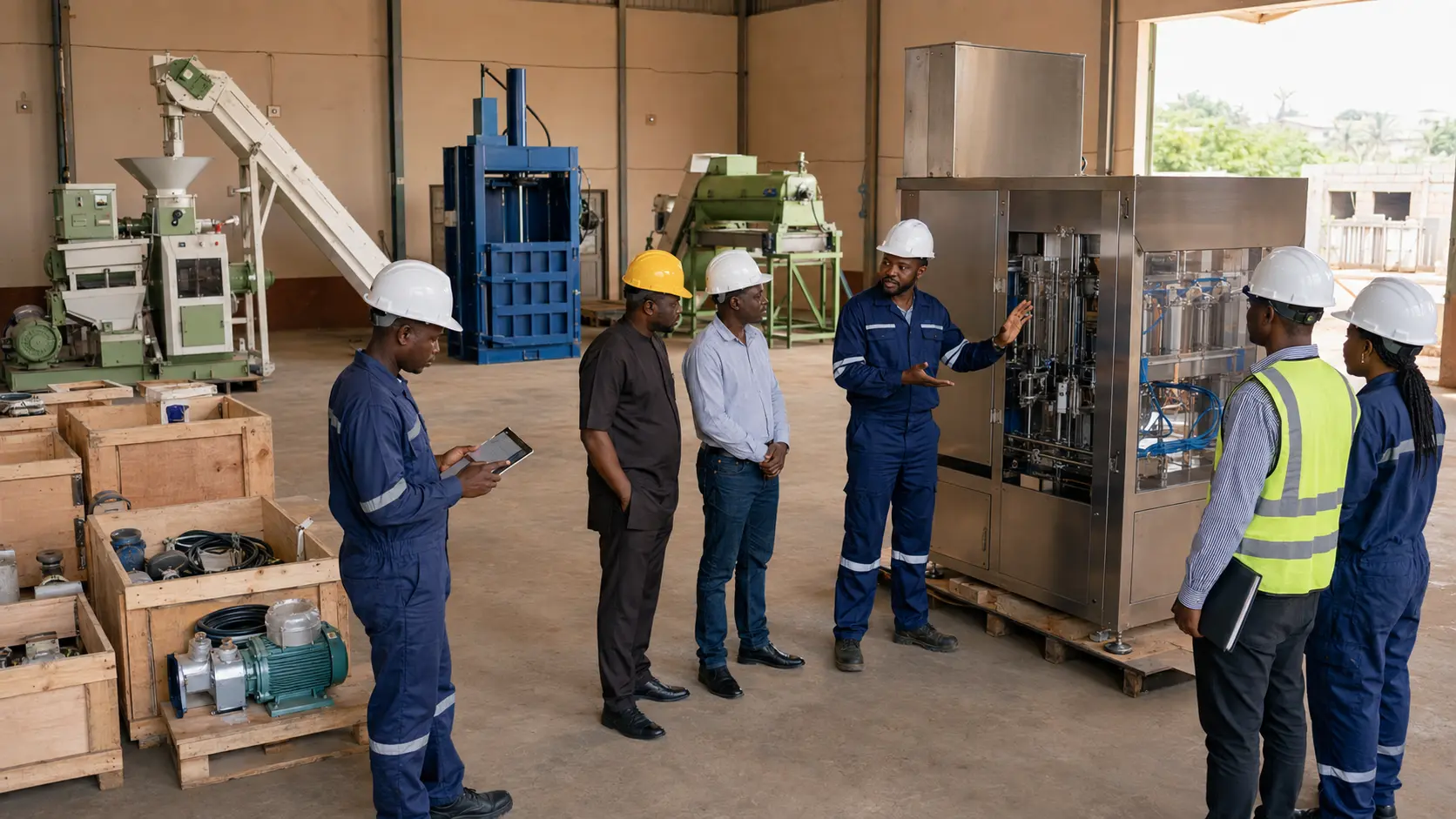 Nigerian engineers inspecting newly supplied industrial machinery before commissioning