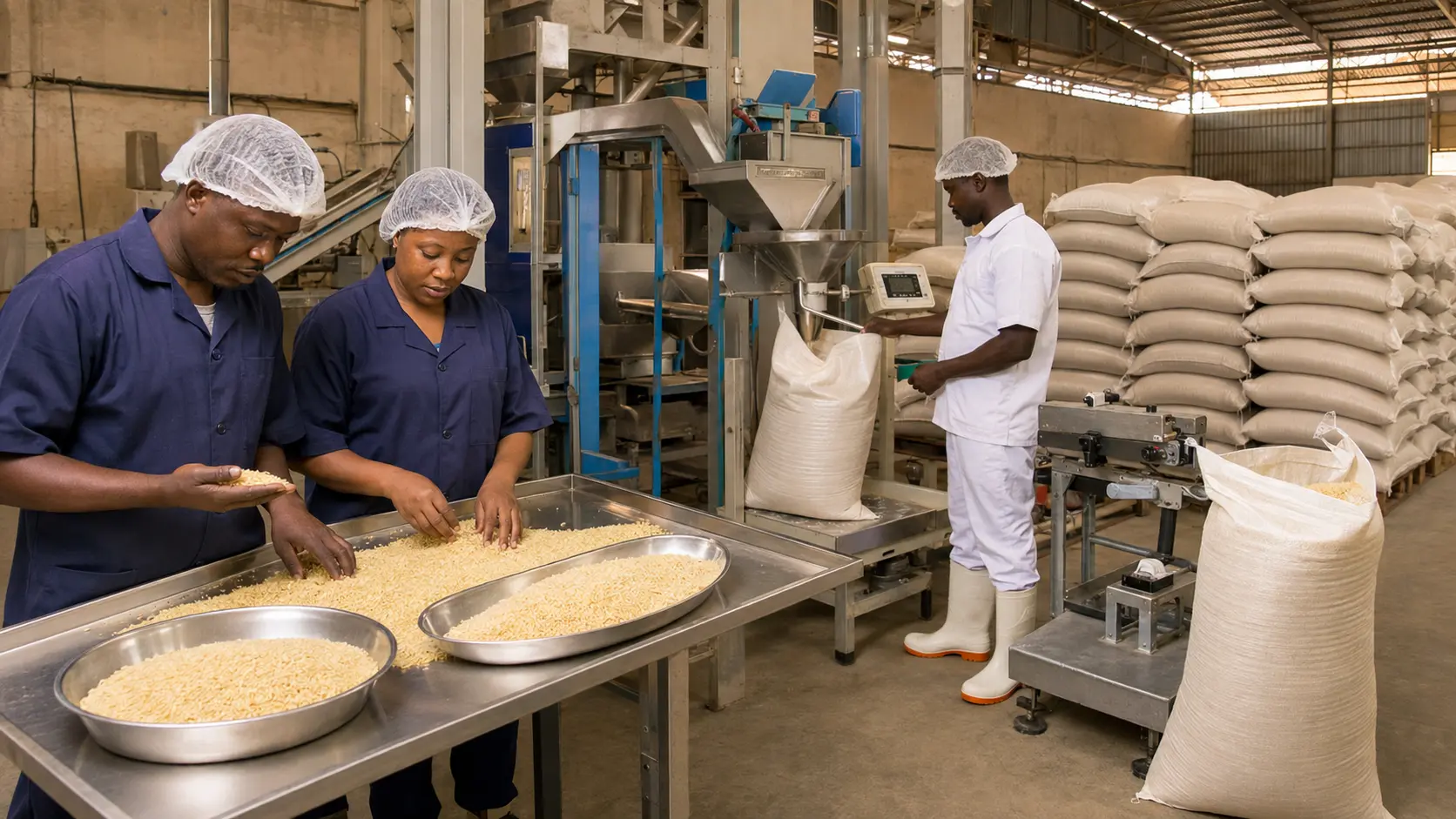 Workers inspecting and packaging finished parboiled rice